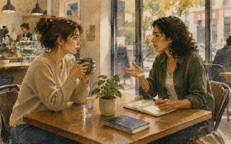 Duas pessoas conversando em uma mesa de café, caneca, caderno, planta, janela ao fundo, luz suave da tarde.