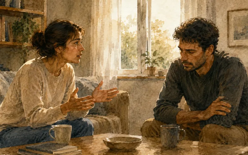 Duas pessoas conversam após uma discussão; uma mantém postura aberta, enquanto a outra se retrai, ilustrando a diferença entre conflito, desrespeito e perda de segurança.