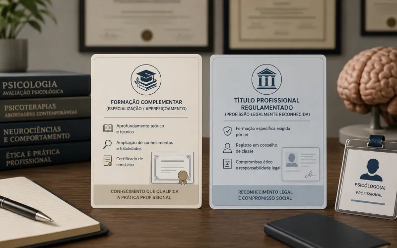 Credenciais profissionais organizadas destacando a diferença entre qualificações verificáveis e títulos utilizados sem regulamentação formal