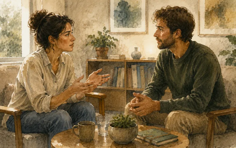 Psicóloga e paciente conversam em consultório acolhedor, com gestos de escuta e resposta mútua, ilustrando a reciprocidade nas relações em aquarela editorial realista.