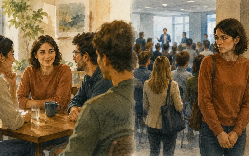 Pessoa conversa com naturalidade entre conhecidos, mas demonstra retraimento diante de um grupo maior e imprevisível, mostrando como a timidez pode variar conforme o contexto.