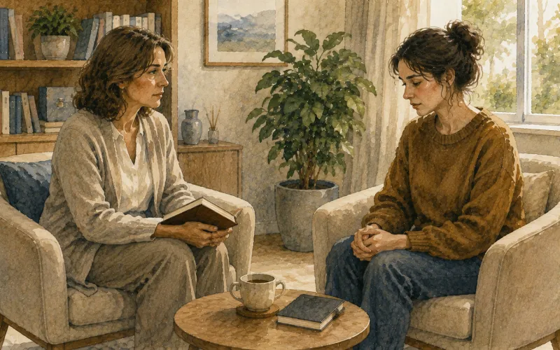 Duas pessoas em poltronas num consultório, mesa com caderno e xícara, estante com livros e planta, luz suave pela janela.