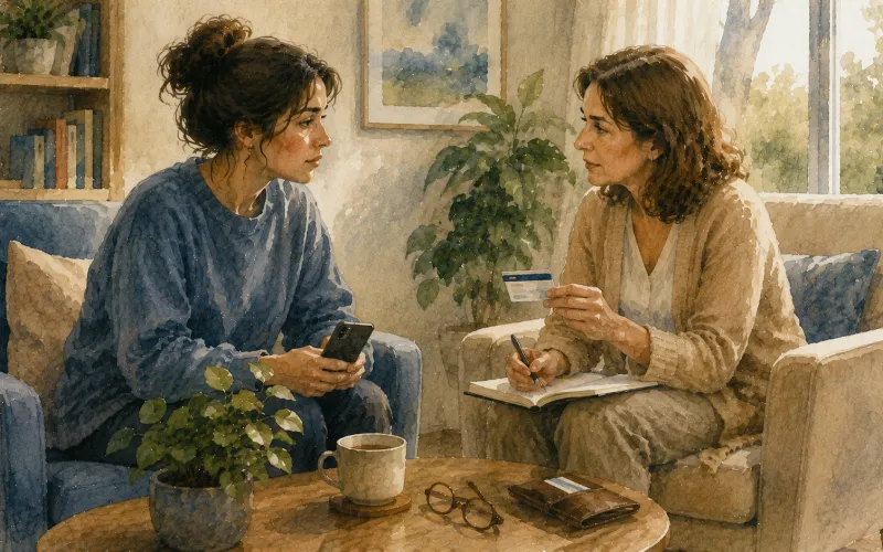 Duas pessoas sentadas em poltronas numa sala, uma com celular virado para baixo, outra com caderno e caneta; mesa com xícara, óculos e carteira.