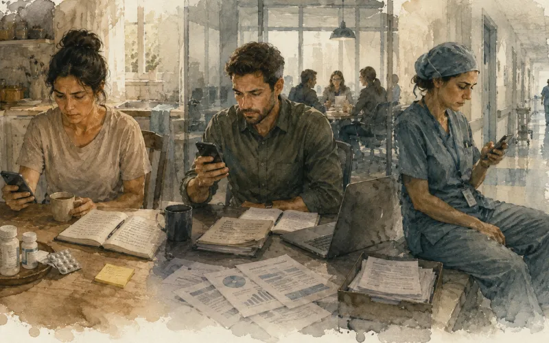 Ilustração em aquarela mostra pessoas consultando o celular em uma cozinha, um escritório e um ambiente hospitalar, representando a busca repetitiva por atualizações em momentos de incerteza.