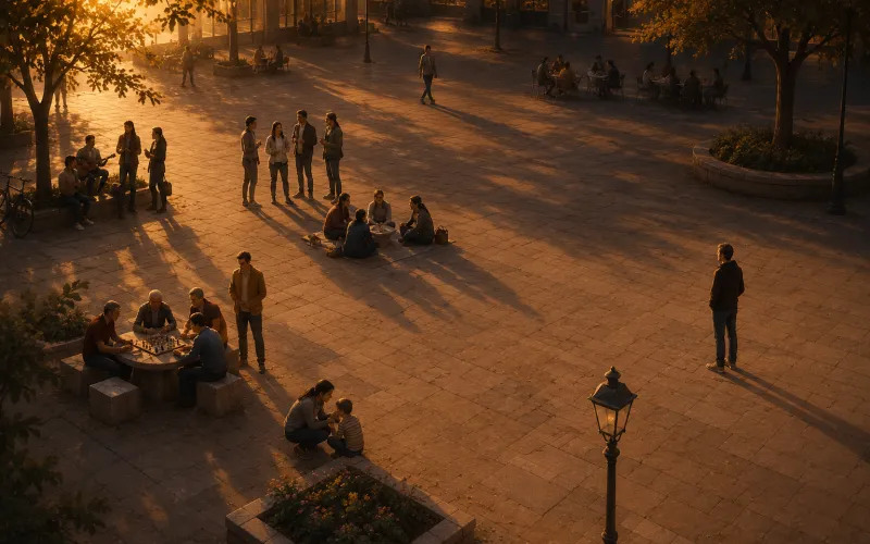 Pessoa observando grupos em uma praça, simbolizando a tensão entre misantropia, filantropia, confiança e desconfiança social.