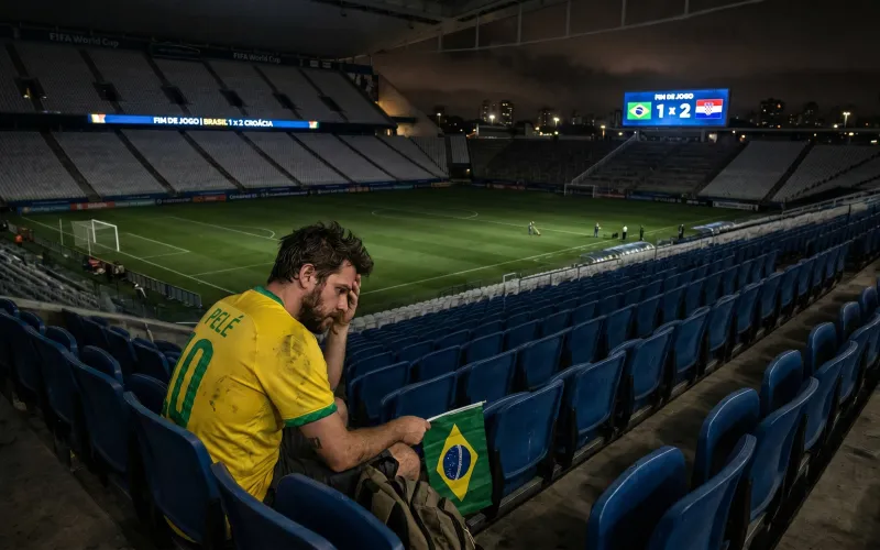 Torcedor observa o campo após o fim da partida, refletindo sobre a frustração e as expectativas interrompidas depois da eliminação da Seleção.