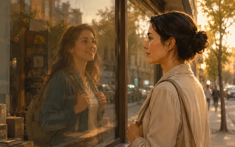 Mulher observa o reflexo de sua versão mais jovem em uma vitrine, simbolizando mudanças pessoais e o luto por antigos projetos de vida.