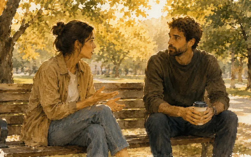 Casal conversa seriamente em um banco de parque, em ilustração realista colorizada com aquarela sobre confiança e limites no relacionamento.