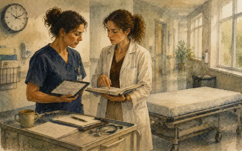 Duas profissionais conversando num corredor de enfermaria junto a prontuários, tablet, carrinho e maca vazia, luz suave entrando pela janela.