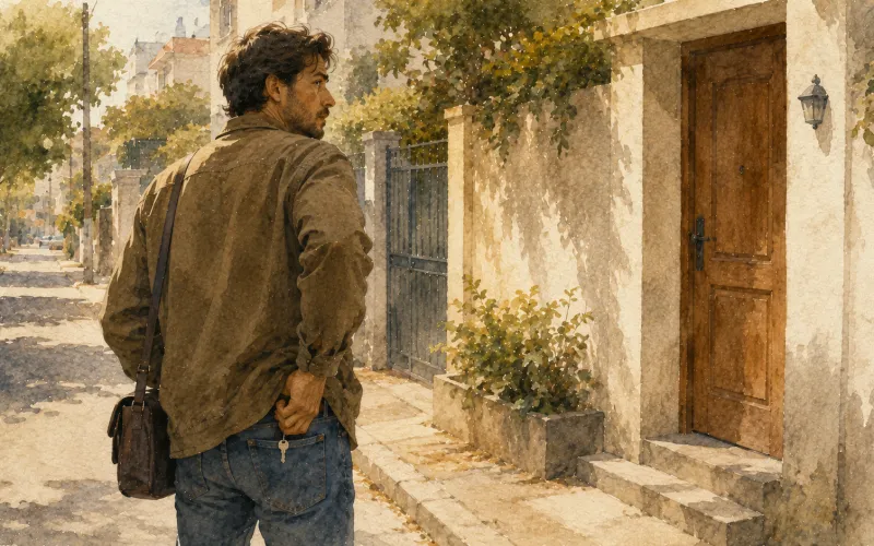Pessoa olha para trás após sair de casa, dividida entre a lembrança de ter trancado a porta e a vontade de voltar para conferir.