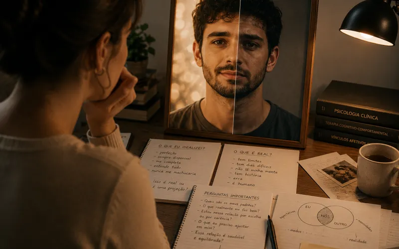 Pessoa analisando um retrato dividido entre idealização e realidade, simbolizando o processo de desromantização e revisão de percepções afetivas.