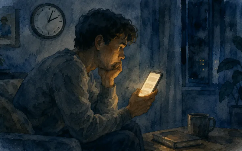 Pessoa observa o celular durante a madrugada enquanto aguarda resposta, representando a expectativa criada por anúncios de “Psicólogo Online 24h”