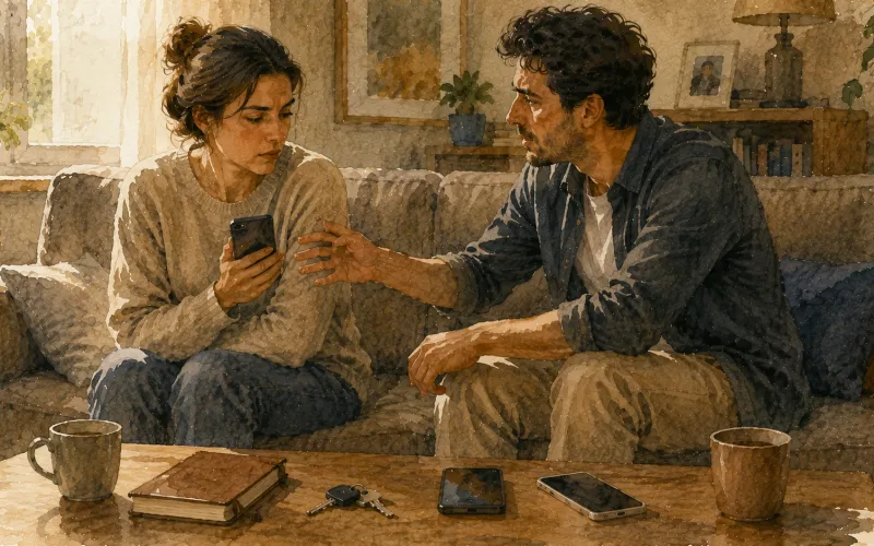Casal sentado em casa; uma pessoa protege o celular enquanto a outra estende a mão, sugerindo a tensão entre proximidade, privacidade, autonomia e invasão.