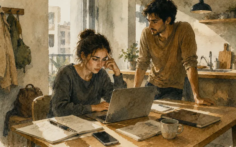 Duas pessoas em cozinha/recanto de trabalho: jovem no laptop cansado, outra observando com apreensão; caneca, cadernos, casaco e bolsa visíveis.