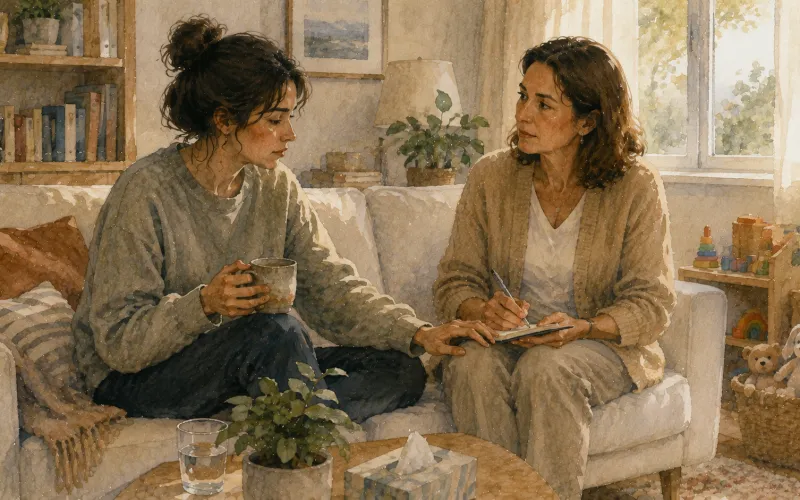 Duas pessoas sentadas em sofá: jovem com xícara de chá e pessoa mais velha com caderno; sala de estar com janela, plantas, brinquedos e estante de livros.