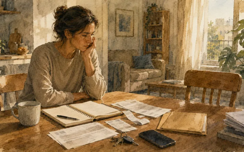 Pessoa diante de contas, contrato e chaves reflete sobre como uma separação pode envolver solidão, moradia, renda, rotina e perda de uma rede de apoio.