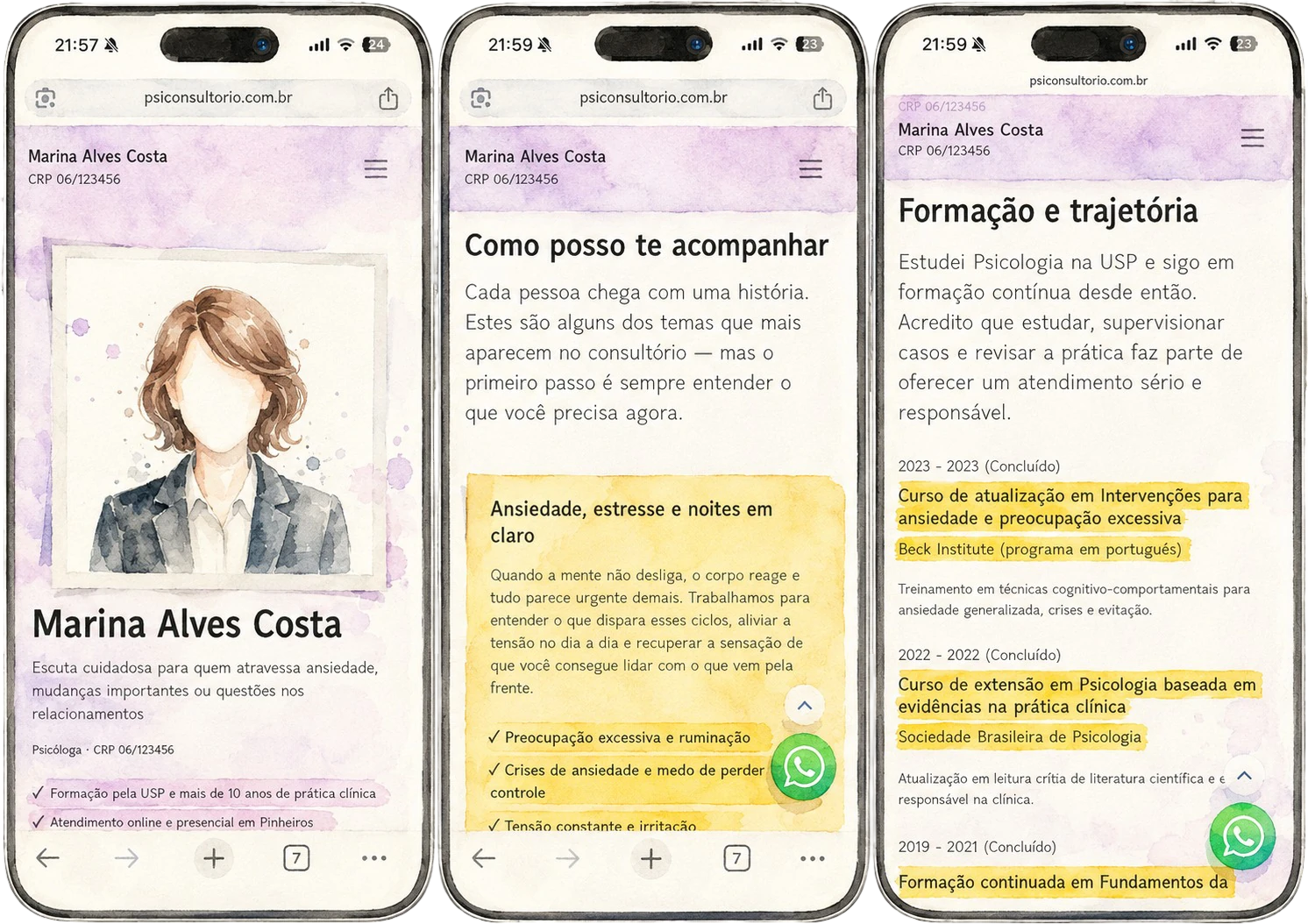 Exemplos de páginas profissionais do Psiconsultório